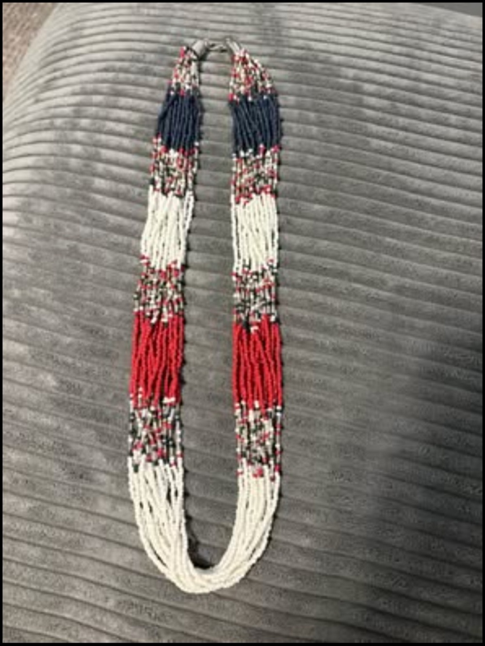 Red, white & blue multi strand beaded necklace 27” long